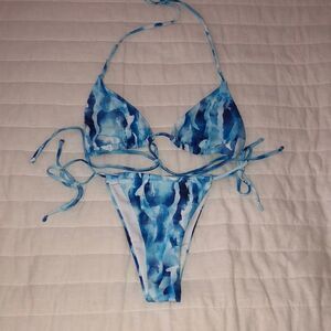 White Blue S Aqua Ocean Tie Dye Cloud Bikini Swim Suit